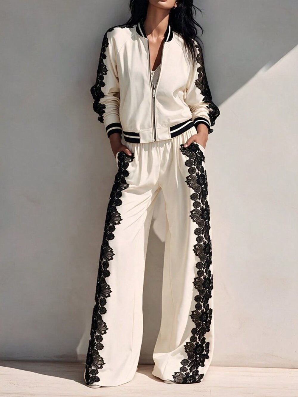 White Boho Women's Long-Sleeve Top & Wide-Leg Pants Set